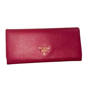 Prada Pink Saffiano Leather Flap Wallet Gold Logo Authentic